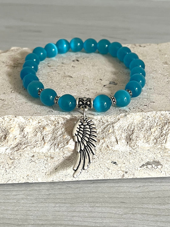 Blue Cat Eye Bracelet with Angel Wings