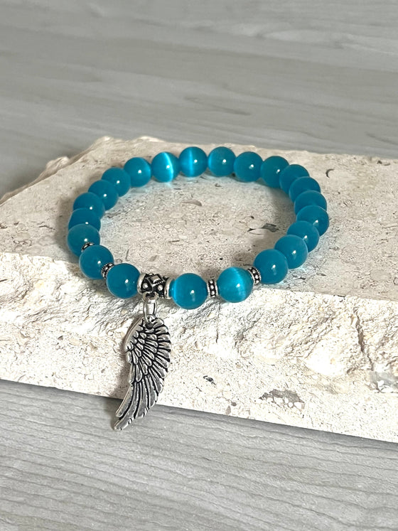 Blue Cat Eye Bracelet with Angel Wings