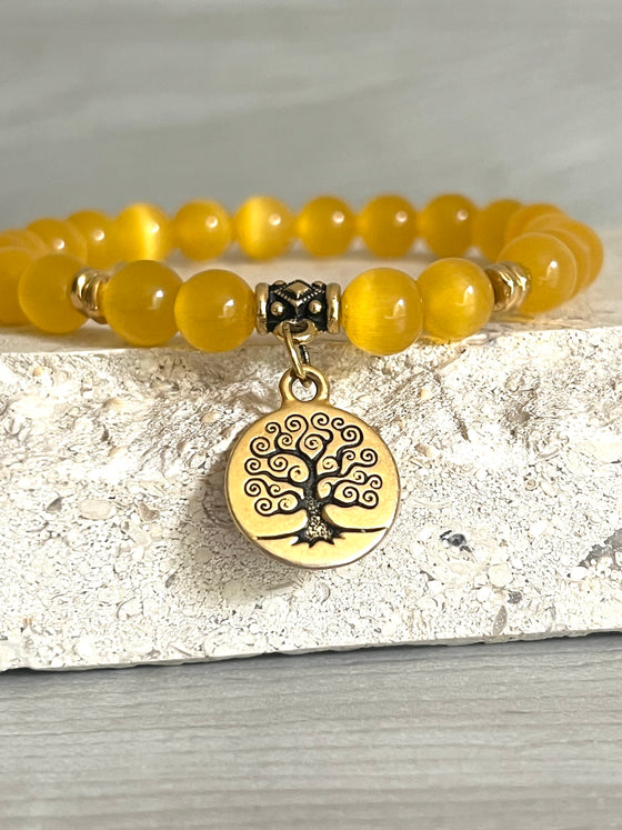 Gold Cat Eye Bracelet with Tree of Life Symbol