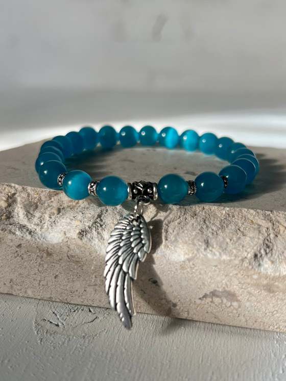 Blue Cat Eye Bracelet with Angel Wings