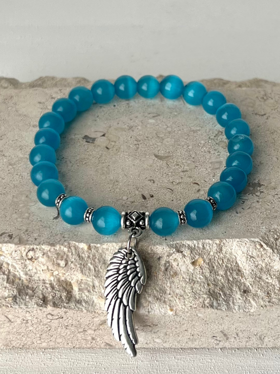 Blue Cat Eye Bracelet with Angel Wings